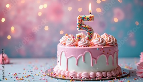 5th Birthday Cake with Pink Frosting, Colorful Sprinkles, and a Lit Number 5 Candle on a Festive Background

