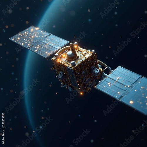 Close-up view of communication satellite against dark space backdrop, satellite, Earth, technology photo