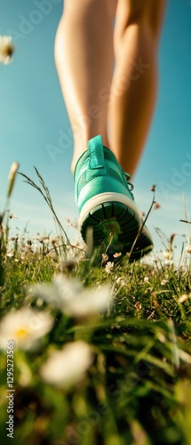 Dynamic Spring Equinox Wellness Energetic Running Motion in Blurred Green Meadow - Sustainable Fitness Lifestyle for Active Gen Z Creators