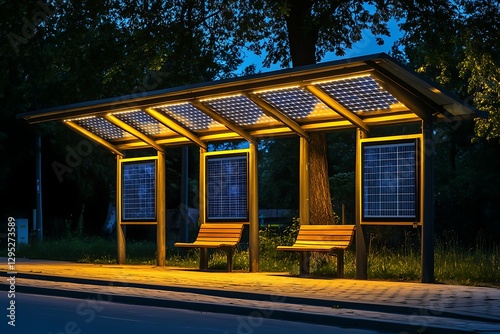Modern Solar-Powered Bus Stop at Night