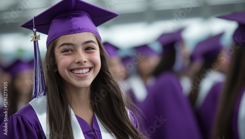 Joyful Young Hispanic Girl Celebrating High School Graduation in Purple Cap and Gown at a Grand Ceremony with a Happy Crowd in the Background