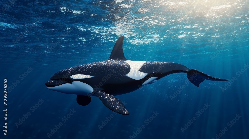 Majestic orca swimming gracefully through sunlit ocean waters, showcasing its natural beauty Majestic orca swimming gracefully through sunlit ocean waters, showcasing its natural beauty
