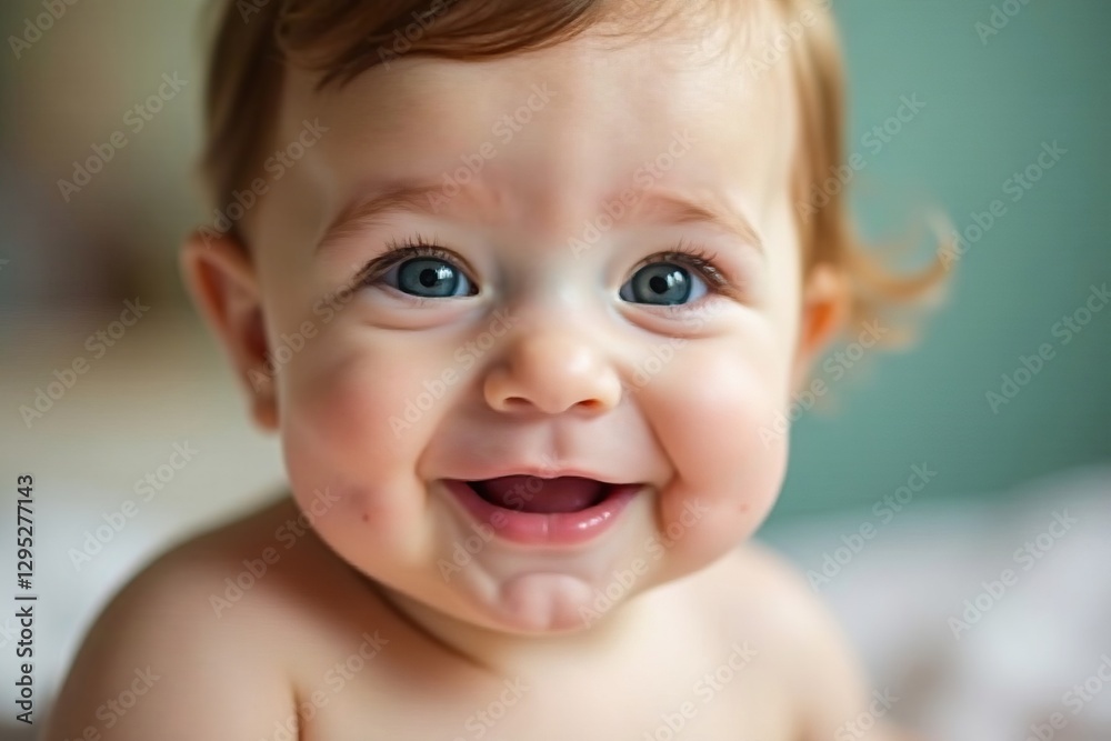 Close up of smiling infant with adorable chubby cheeks, innocence, little Close up of smiling infant with adorable chubby cheeks, innocence, little