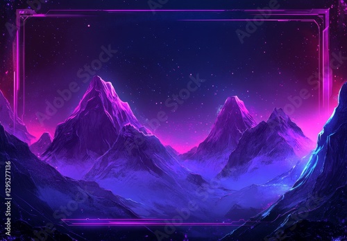 Neon Mountains at Night Framed with Starry Sky photo