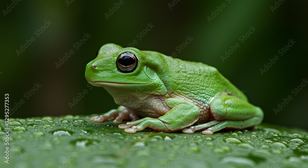 Close-Up of Green Frog Sitting on Leaf with Water Droplets in Rainforest Close-Up of Green Frog Sitting on Leaf with Water Droplets in Rainforest