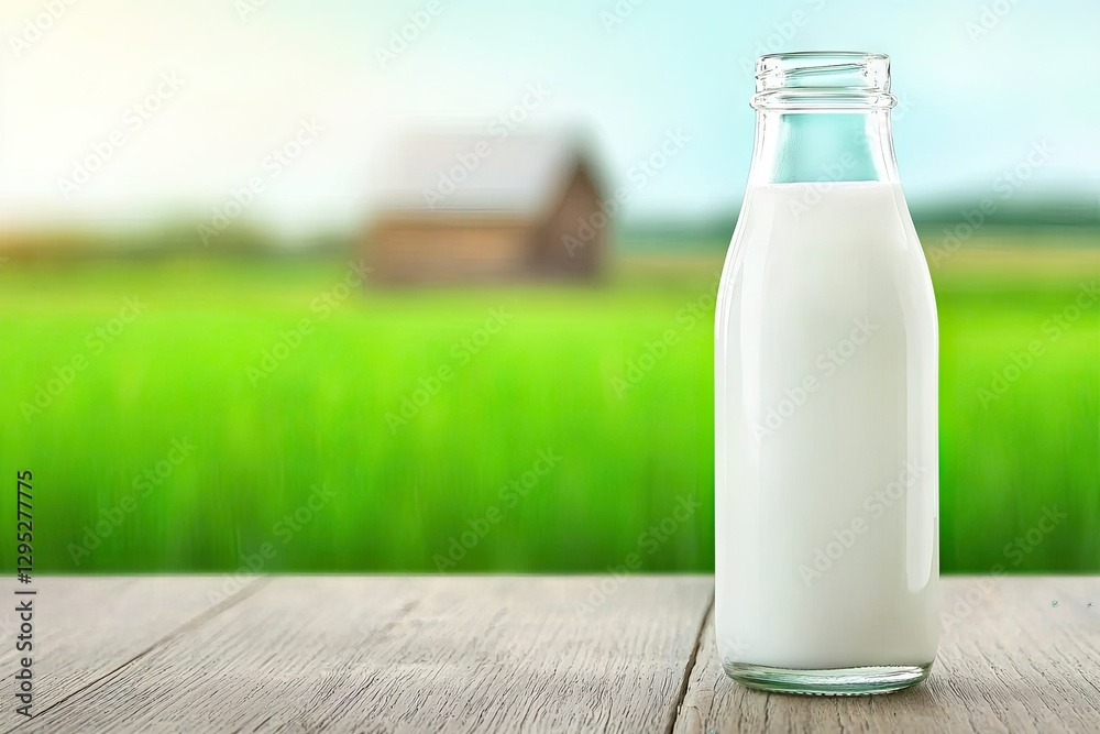 A glass milk bottle stands on a wooden table in front of a blurred green field and barn, evoking a fresh, rural atmosphere. A glass milk bottle stands on a wooden table in front of a blurred green field and barn, evoking a fresh, rural atmosphere.
