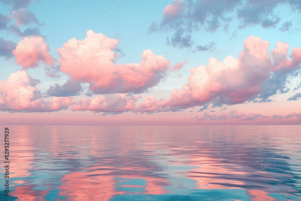 Pink clouds reflect on calm ocean water at sunset. Ideal for websites, blogs, or social media needing a serene, peaceful mood. Pink clouds reflect on calm ocean water at sunset. Ideal for websites, blogs, or social media needing a serene, peaceful mood.