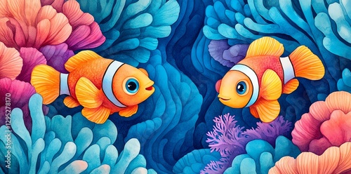 Two Clownfish in Vibrant Coral Reef Illustration
