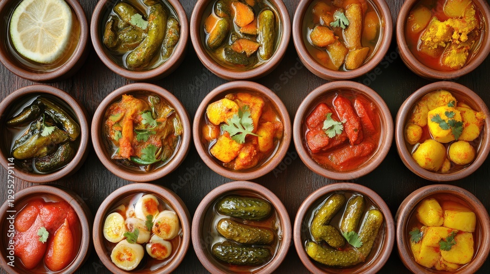 Fototapeta premium Colorful Array of Traditional Dishes in Small Bowls on Dark Surface