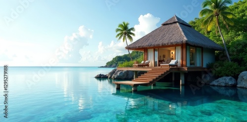 Luxurious bungalow over calm lagoon, descending steps, peaceful, Vietnam, Seychelles