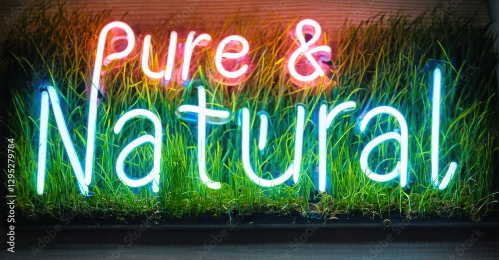 Neon sign pure natural wheatgrass swirling fresh air lines glowing sunrise field bright colorful realistic photo Neon sign pure natural wheatgrass swirling fresh air lines glowing sunrise field bright colorful realistic photo