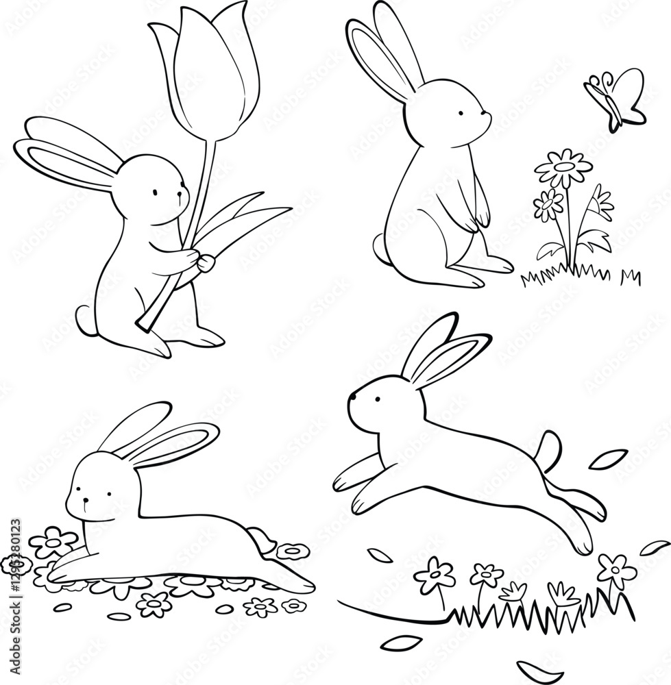 A collection of minimalist line art featuring rabbits interacting with flowers, capturing the essence of springtime beauty and nature's harmony A collection of minimalist line art featuring rabbits interacting with flowers, capturing the essence of springtime beauty and nature's harmony