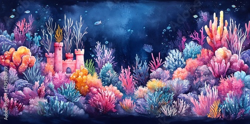 Vibrant Coral Reef Watercolor Painting with Castle