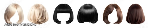 3 Set of back front wig hair hairpiece, hairstyle disguise hairdo on transparent cutout PNG. Many different style, classic short black blond brunette bob. Mockup template for design
