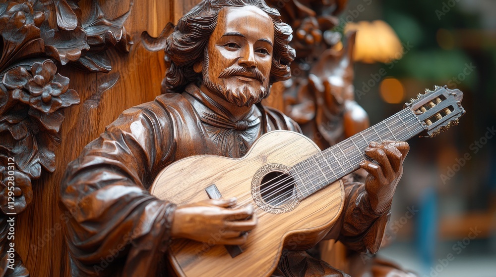 Fototapeta premium Intricate Wood Carving of a Musician Playing a Classical Guitar