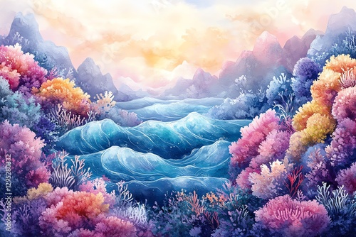 Peaceful Ocean Coral Reef Sunset Landscape Painting