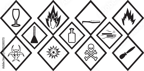 Physical hazards sign with all the warnings together. Explosive Flammable Compressed Gas or Toxic Oxidizing Corrosive Harmful Health and Environmental hazard