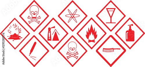 Physical hazards sign with all the warnings together. Explosive Flammable Compressed Gas or Toxic Oxidizing Corrosive Harmful Health and Environmental hazard
