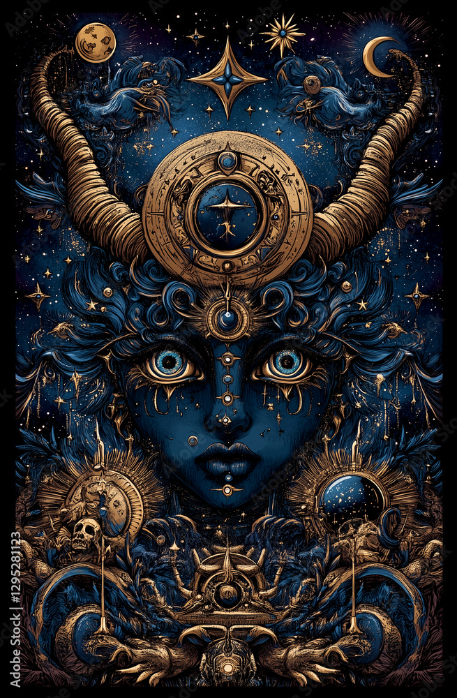 Fototapeta premium Woman with horns on her head and a face with a large eye. The woman is surrounded by a lot of stars and a clock