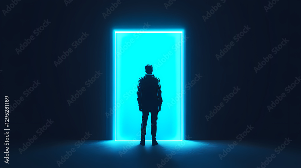 Obraz premium Person in Front of Blue Glowing Door