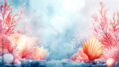 Watercolor Ocean Coral Reef Seascape with Shells