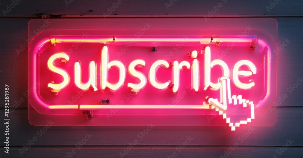 Obraz premium Neon sign subscribe glowing button pixelated mouse cursor clicking soft pulsing red glow bright colorful realistic photo