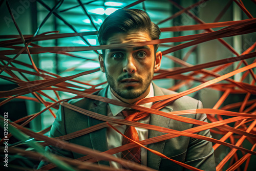 Man trapped in web of red tape, symbolizing bureaucracy and stress. intense expression highlights feelings of frustration and entrapment in corporate environment