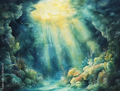 Underwater Sunbeams Illuminating Ocean Coral Reef