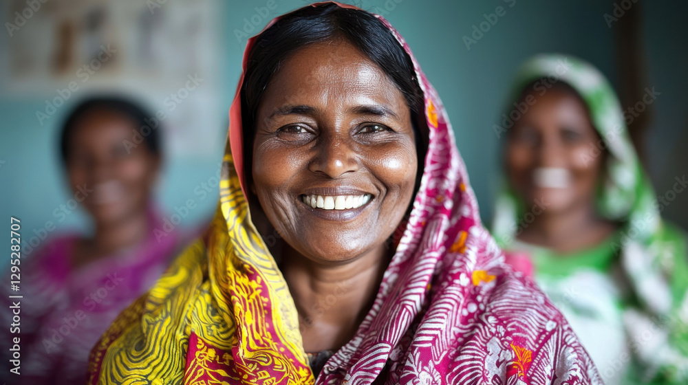 Empowered woman smiling in colorful traditional attire, showcasing joy and community spirit Empowered woman smiling in colorful traditional attire, showcasing joy and community spirit
