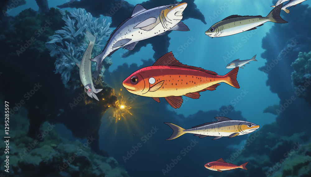 Fototapeta premium Colorful fish swimming in vibrant underwater scene with coral