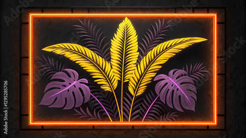 Close-up of a single orange Bird of Paradise flower, Illuminated Palm trees on the dark sky, Bright monstera tropical leaves illuminated, plant with shadow and sunlight