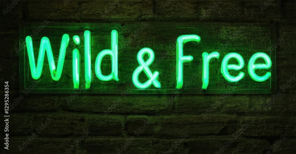 Neon sign wild free forest silhouette glowing green trees vibrant natural energy bright colorful realistic photo Neon sign wild free forest silhouette glowing green trees vibrant natural energy bright colorful realistic photo
