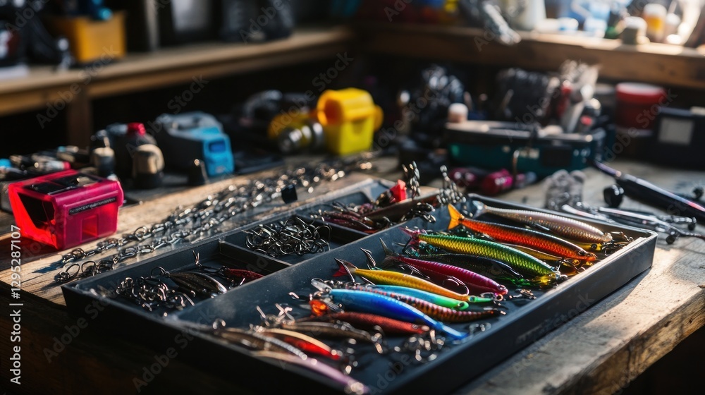 Naklejka premium Colorful Fishing Lures in Organizer Tray