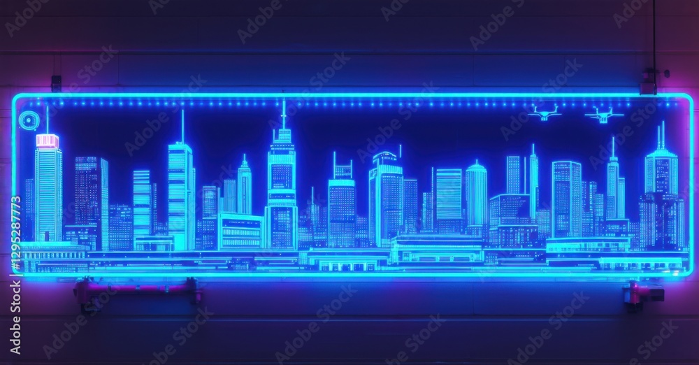 Fototapeta premium Neon sign cyberpunk city futuristic skyline robotic drones hovering ai security cams bright colorful realistic photo