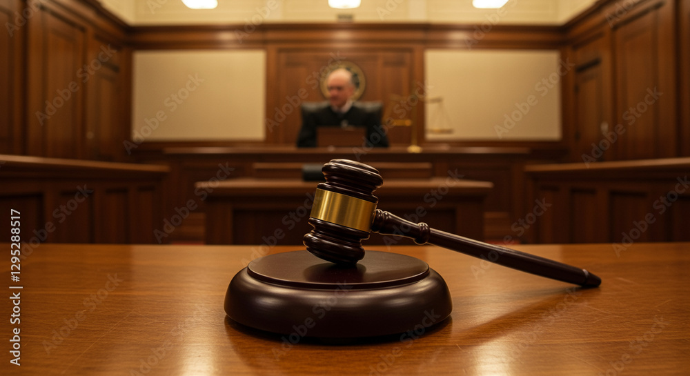 Gavel in Courtroom Justice. Gavel on the table in the courtroom with judge on background. Justice concept Gavel in Courtroom Justice. Gavel on the table in the courtroom with judge on background. Justice concept