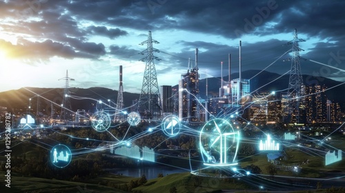 Futuristic Power Grid with Holographic Interfaces in Illuminated Urban Cityscape