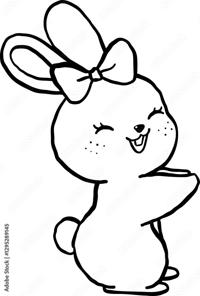 Cute Happy White Bunny with bow Cartoon Outline Coloring Image Cute Happy White Bunny with bow Cartoon Outline Coloring Image