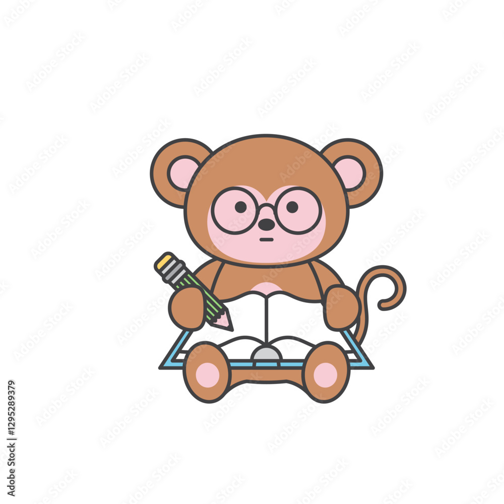 Fototapeta premium Animal Character Study Monkey with Glasses and Pencil
