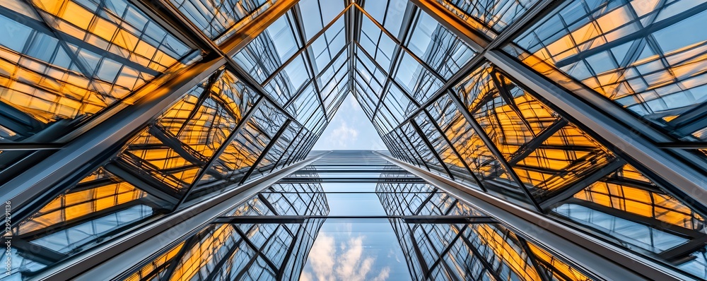 Fototapeta premium Mirrored glass facade angled up showing sky and reflections