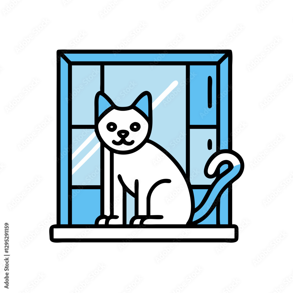 Cute cat sitting on a windowsill with blue window frame, cozy home scene, pet illustration