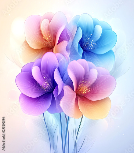 A bouquet of flowers with purple, blue, and yellow petals. The flowers are arranged in a way that they look like they are blooming. The colors of the flowers are vibrant and eye-catching