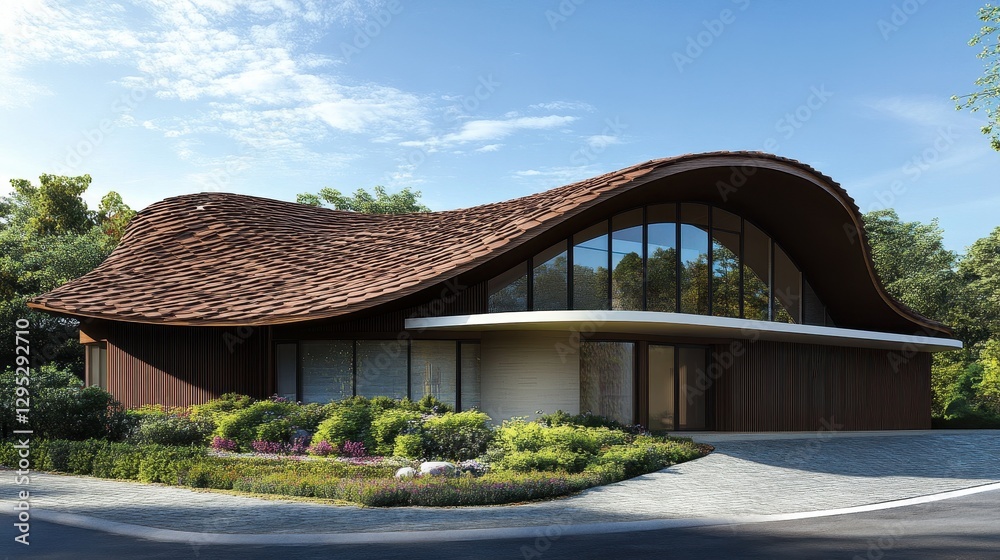 Modern house with unique curved roof and brown wood siding. Ideal for architecture, real estate, and luxury home websites. Modern house with unique curved roof and brown wood siding. Ideal for architecture, real estate, and luxury home websites.