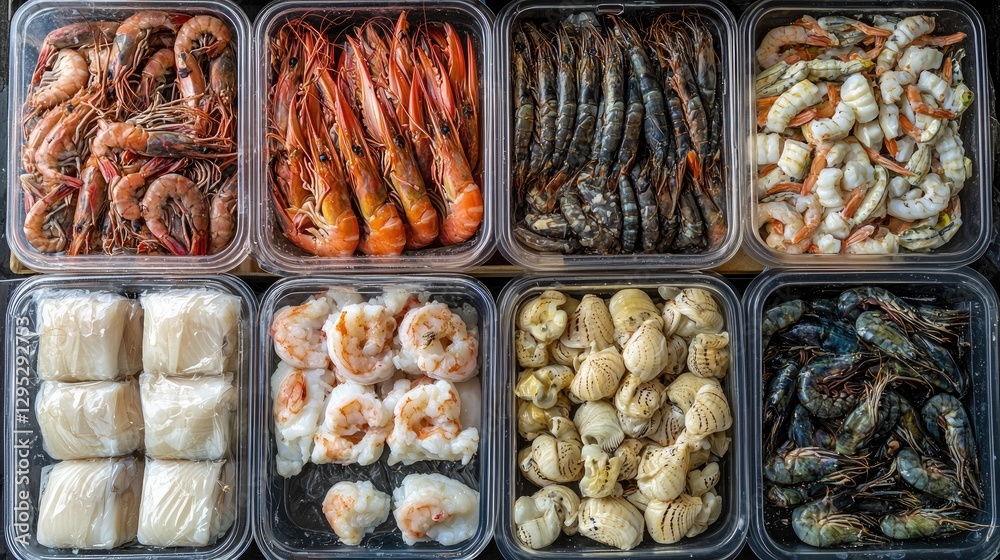 Fresh Seafood Display in Clear Containers Suitable for Cooking Fresh Seafood Display in Clear Containers Suitable for Cooking