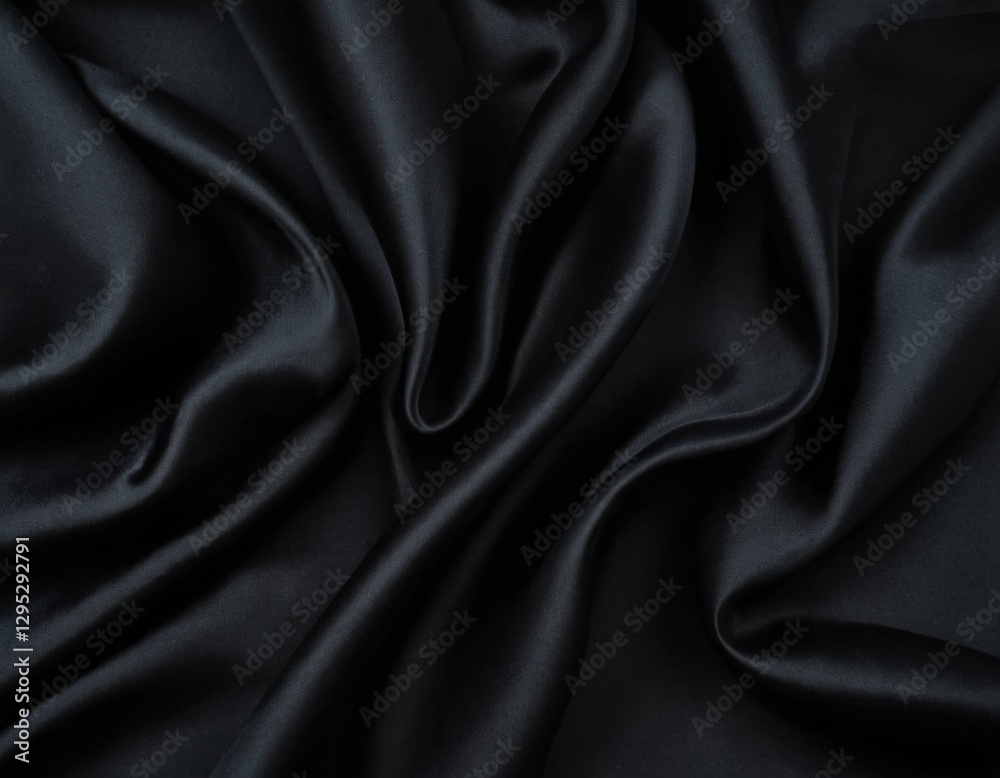 Abstract black background. Black silk satin texture background. Beautiful soft folds on the fabric. Black elegant background with copy space for your design. Abstract black background. Black silk satin texture background. Beautiful soft folds on the fabric. Black elegant background with copy space for your design.