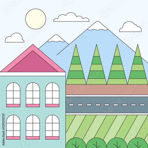 Geometric Townscape: A stylized illustration of a vibrant townscape featuring a charming house, majestic mountains, and a network of trees, embodying a sense of simplicity and harmony.