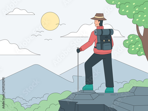 Mountain Vista: A lone hiker, standing atop a rocky precipice, absorbs the breathtaking panoramic view of mountain ranges and a bright, radiant sun.