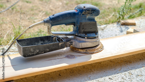 A middle-aged man sanding timber with a sander in the garden of his house on a summer day
