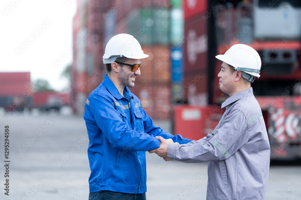 Engineers and technicians supervise and inspect the delivery of containers at container manufacturing and storage site Engineers and technicians supervise and inspect the delivery of containers at container manufacturing and storage site