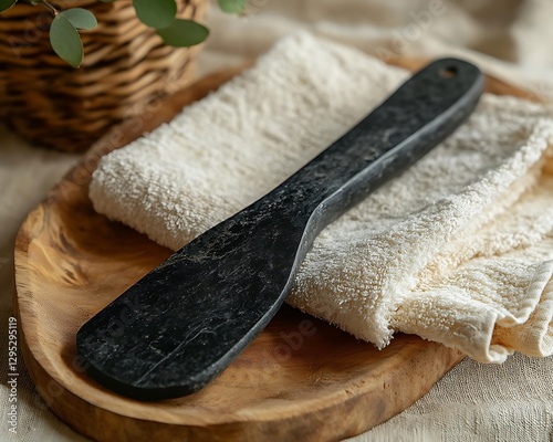 The wooden spatula is resting on a white towel of a wood plate