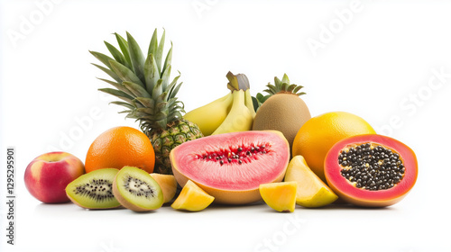 Tropical Fruit Medley: a vibrant selection of fresh, ripe fruits, artfully arranged to tantalize the senses and capture the essence of healthy eating.